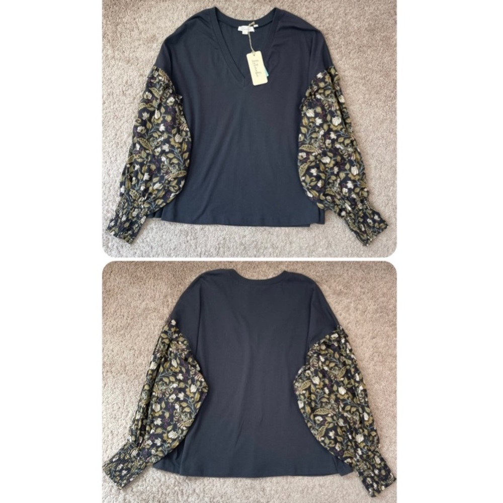 Anthropologie Plus Let Me Be Sydney Long Puff-Sleeved Black Floral Blouse Top 1X - Picture 15 of 16